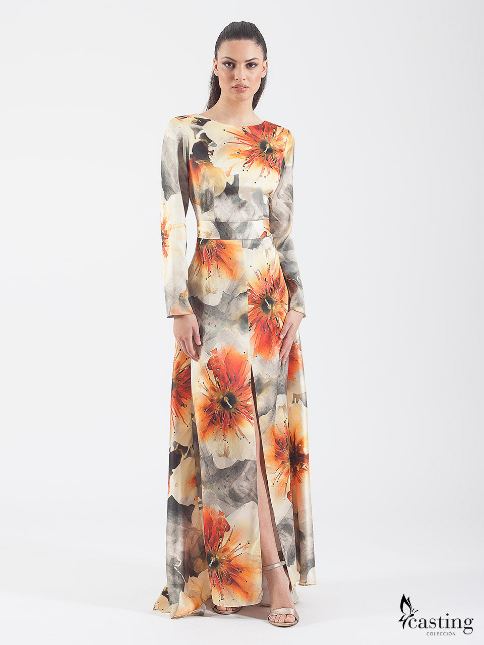 Backless Printed Satin Asymmetrical Long Dress 