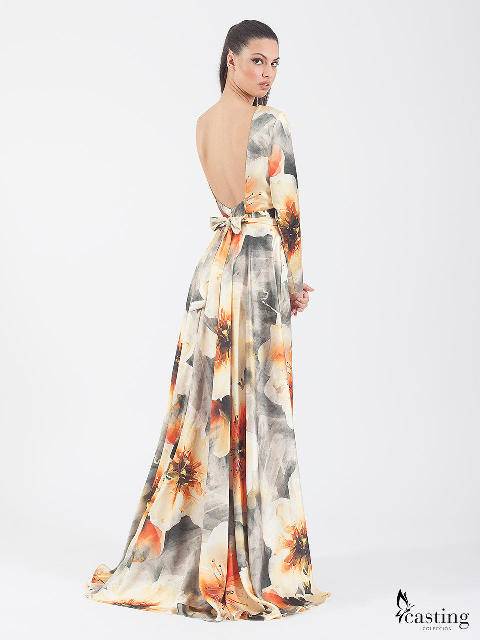 Backless Printed Satin Asymmetrical Long Dress 