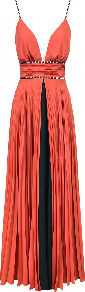 Draped Sleeveless Pleated Dress with Plunging Neckline 