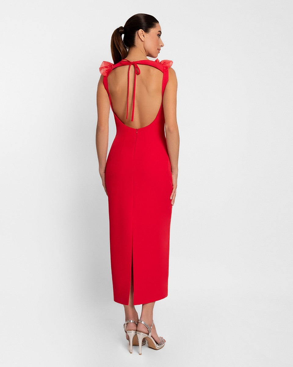 Vestido rojo midi escote con volantes