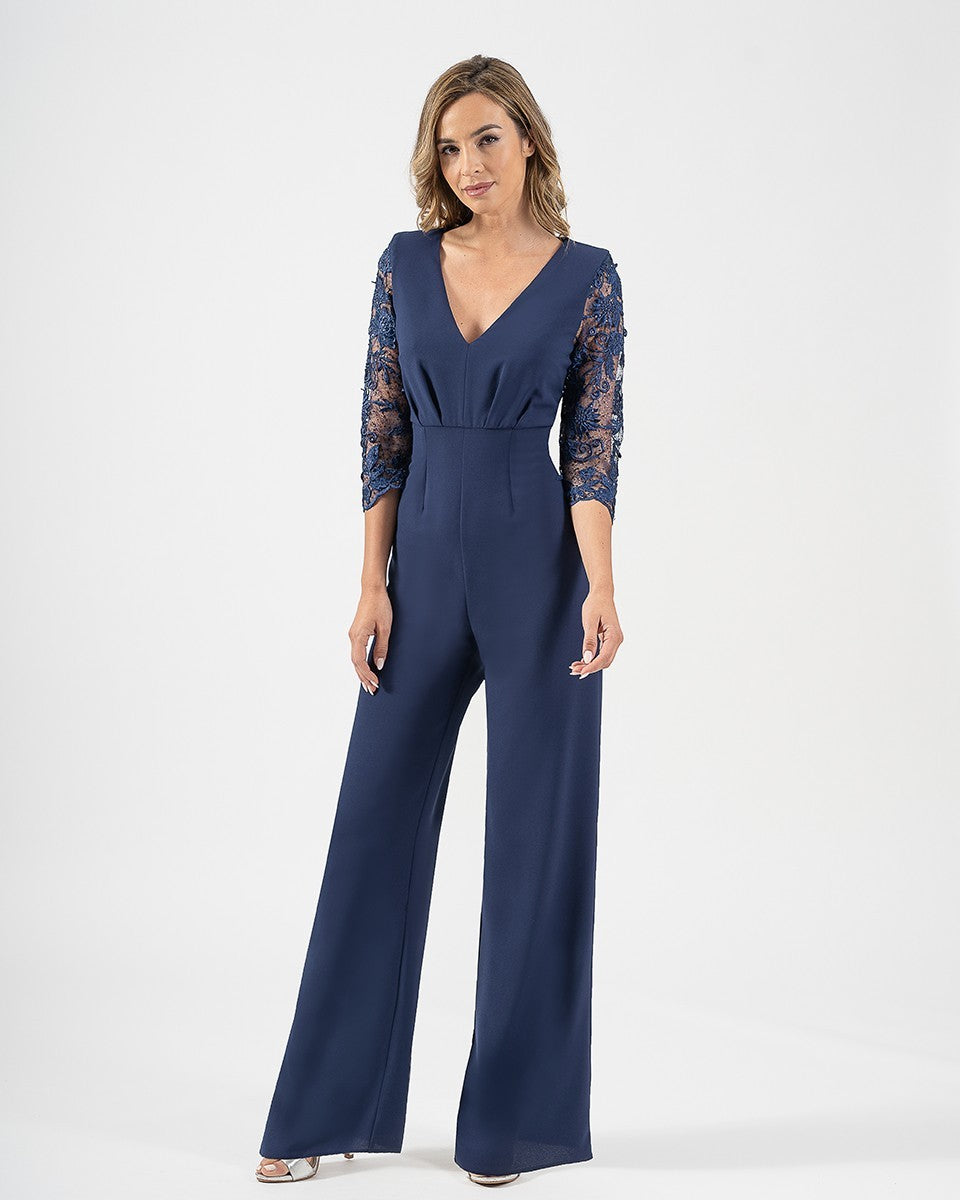 Long Lace Jumpsuit and Pleated Peplum Set with Brooch