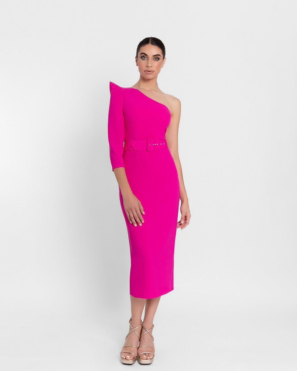 Vestido midi asimétrico fucsia de Moncho Heredia