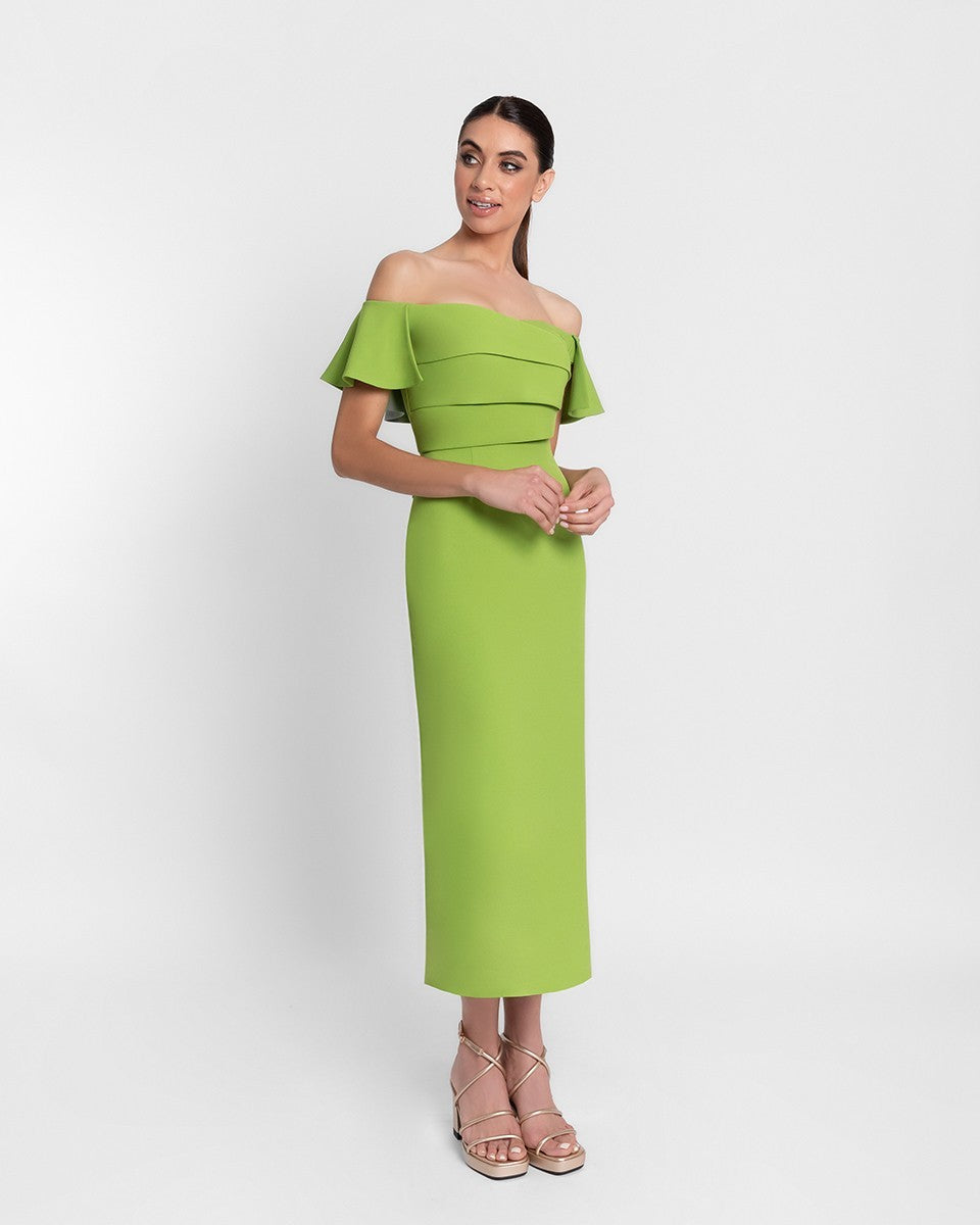 Vestido midi verde oliva cuello barco plisado