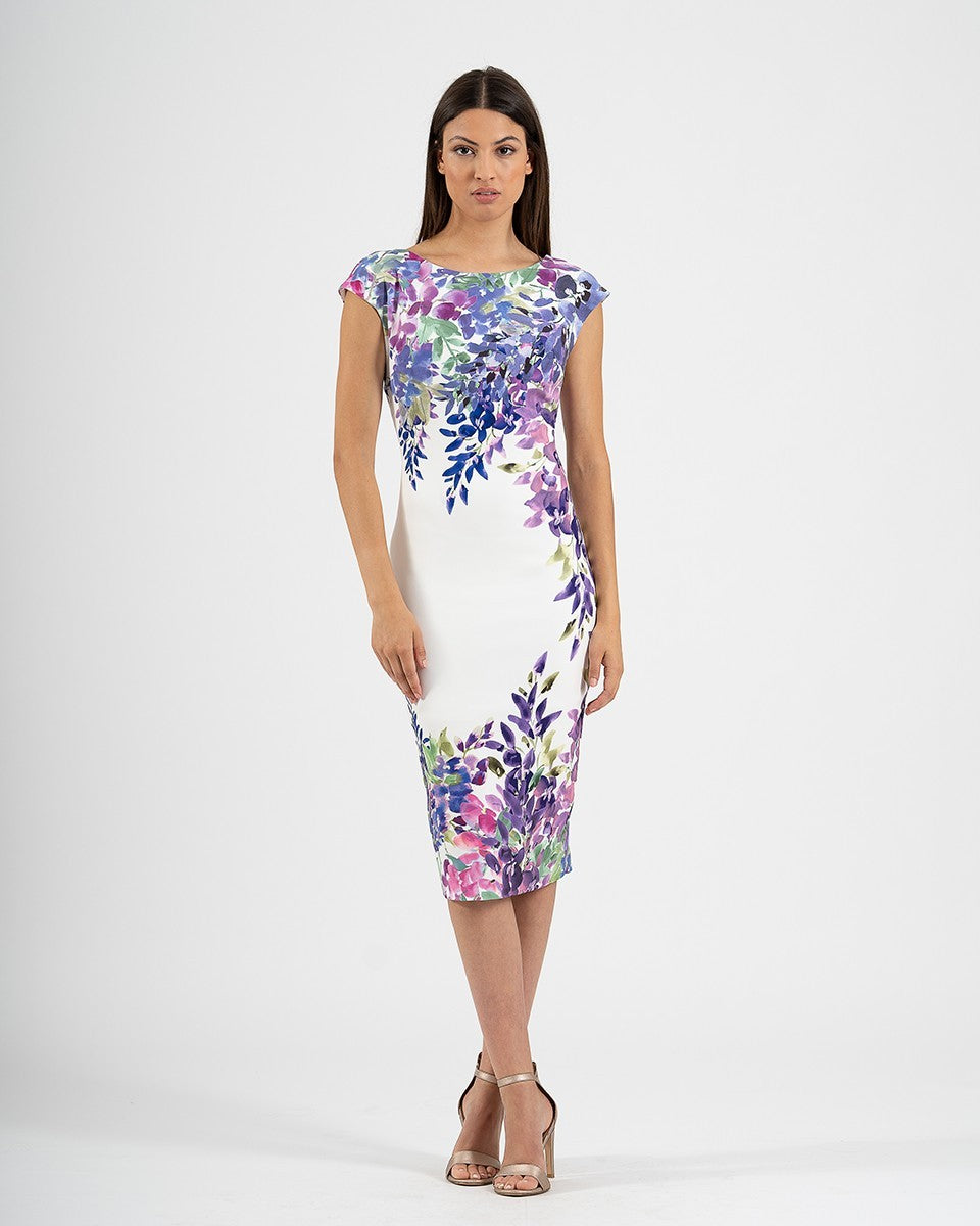 Short sleeve printed tube midi dress with round neckline