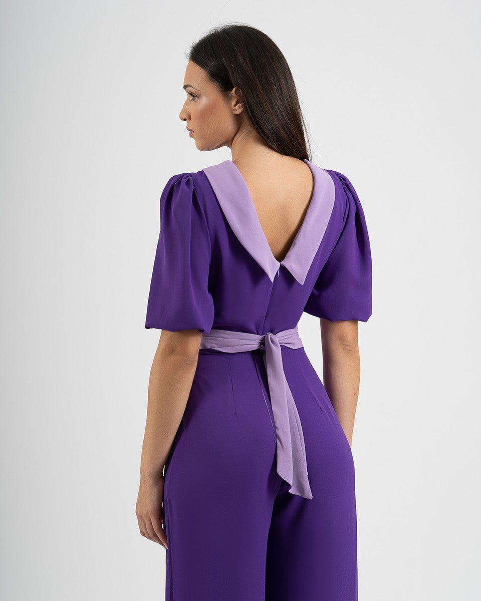 Long two-tone chiffon jumpsuit with waterfall neck and puff sleeves