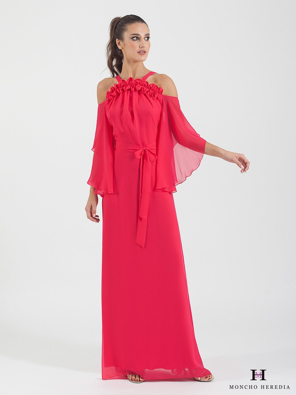 Halter Neck Off Shoulder Long Chiffon Dress