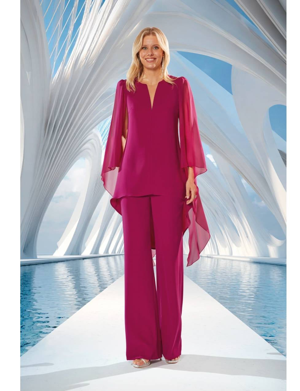 Conjunto dos piezas blusa con cuello de pico de corte asimétrico y pantalón palazzo