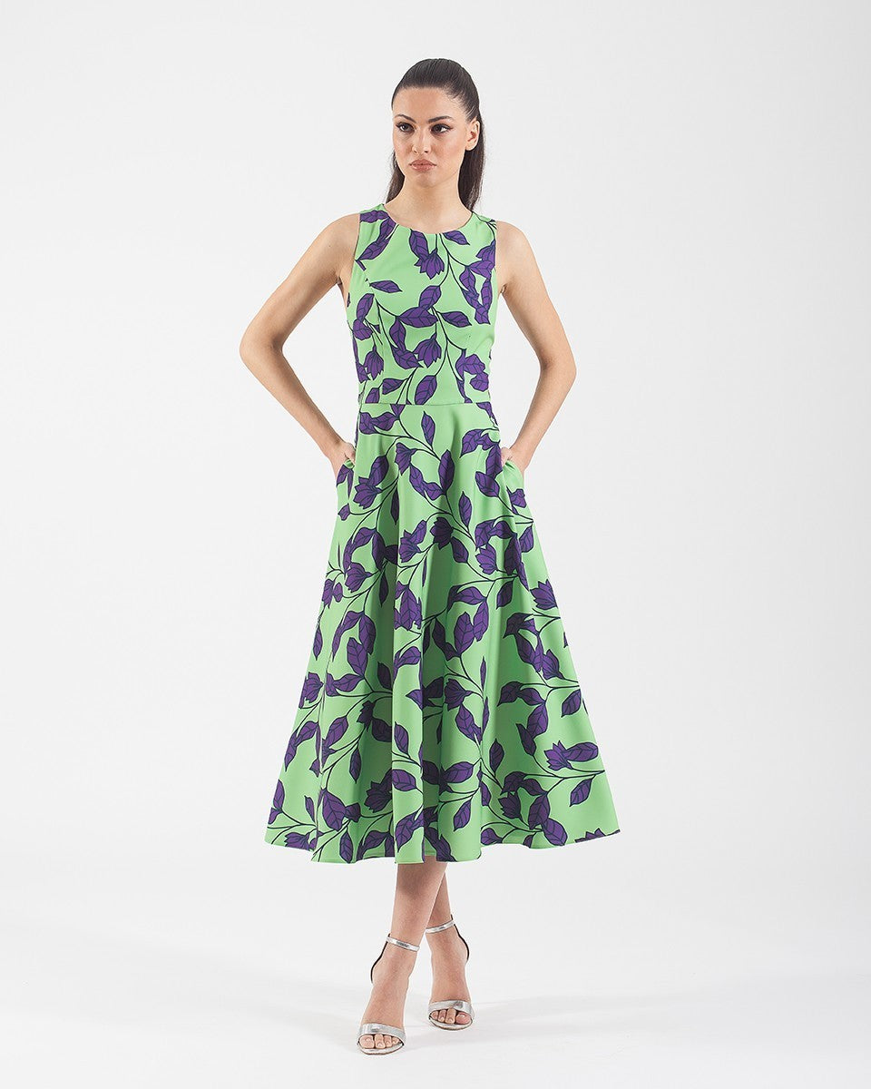 Printed twill A-line midi dress with round neckline 