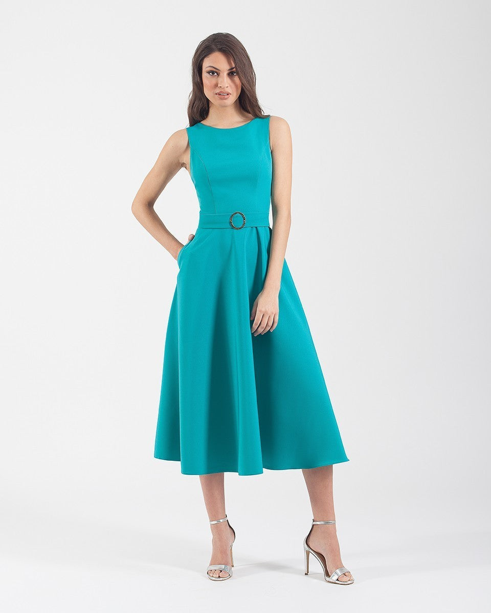 A-line twill midi dress with round neckline and belt 