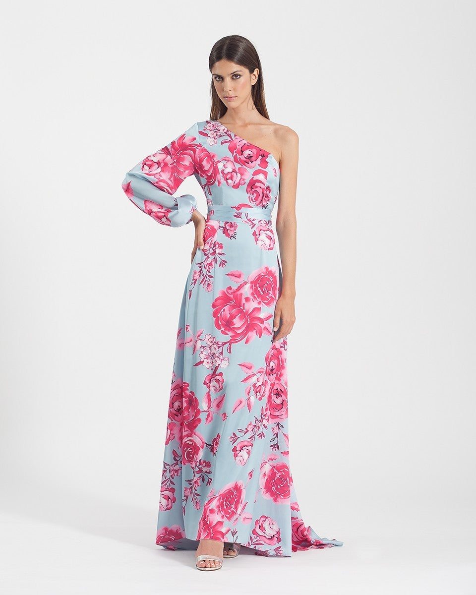 Long floral dress with open back and asymmetrical neckline 