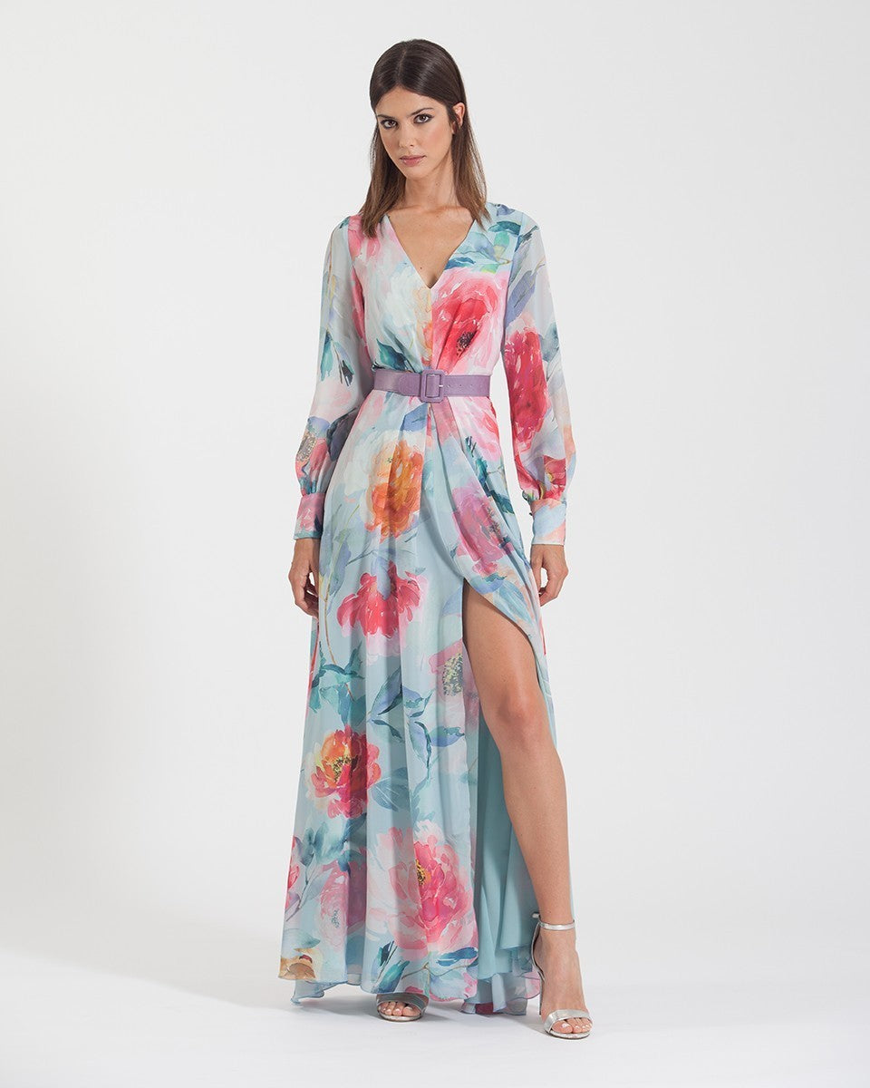 Long pleated floral dress with belt and gigot sleeves 