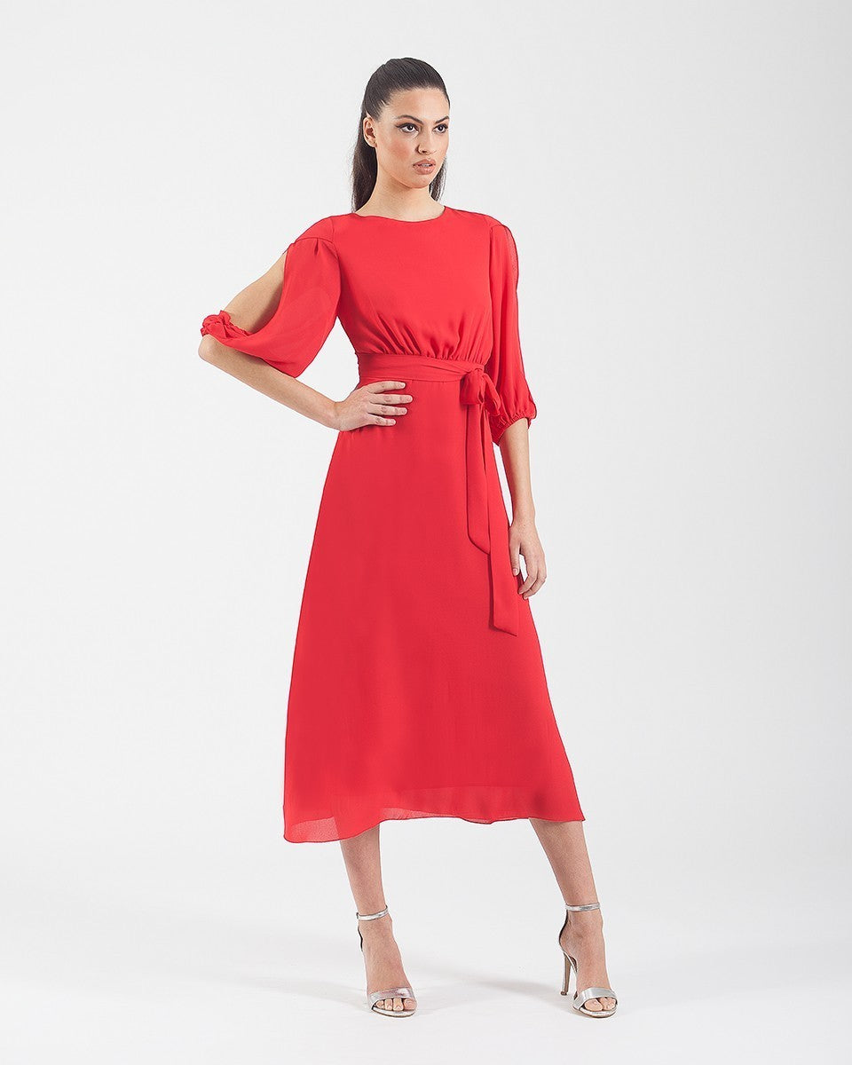 Chiffon midi dress with Gigot sleeves, slits and bow 