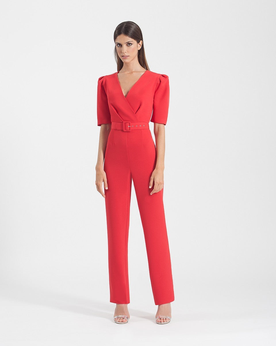 Long crepe jumpsuit with crossover neckline, 3/4 sleeves and belt 