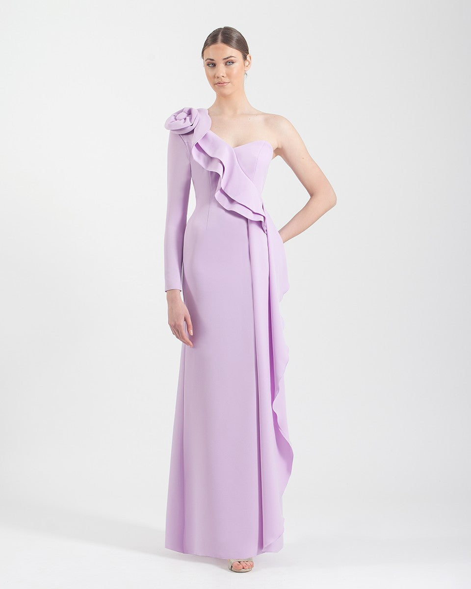 Long dress with asymmetrical neckline with double ruffle and flower 