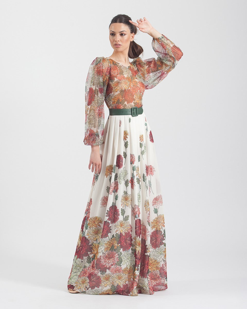 Long flared dress with semi-transparent gigot sleeve 