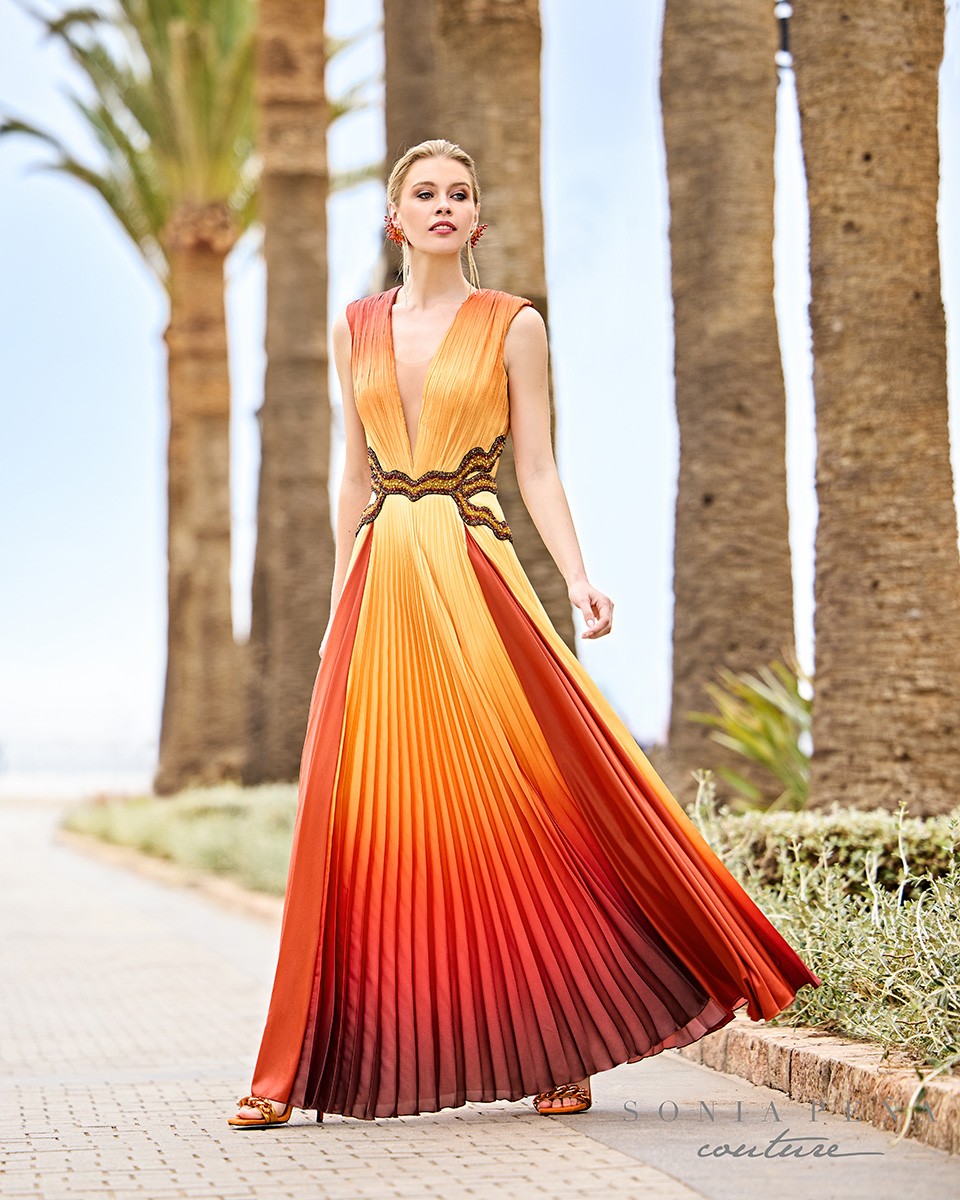 Long pleated dress with gradient print and illusion neckline 