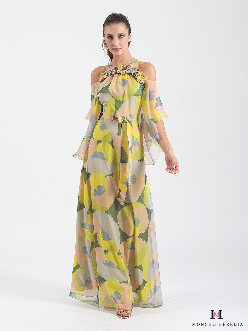 Long printed chiffon dress with halter neckline and drape 