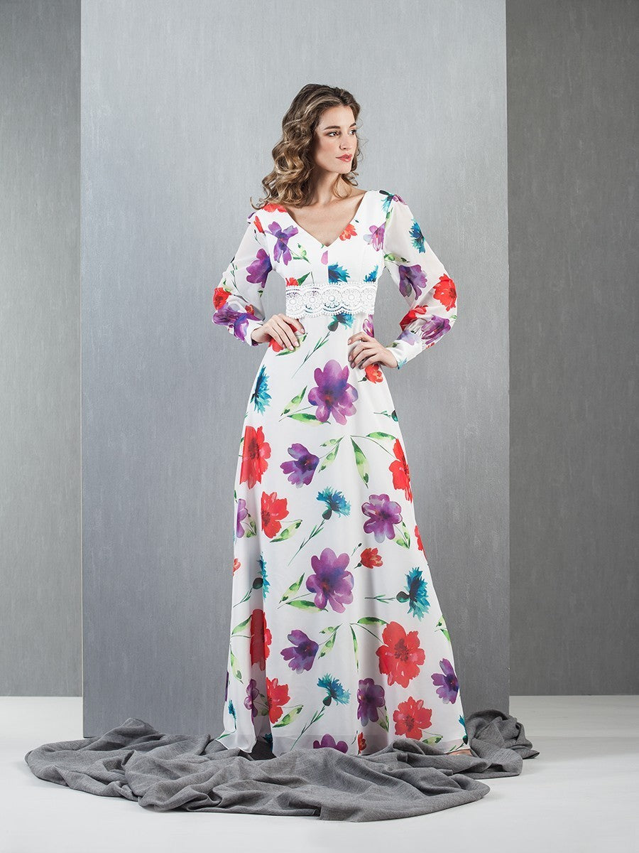 Long dress with floral print and white background. 