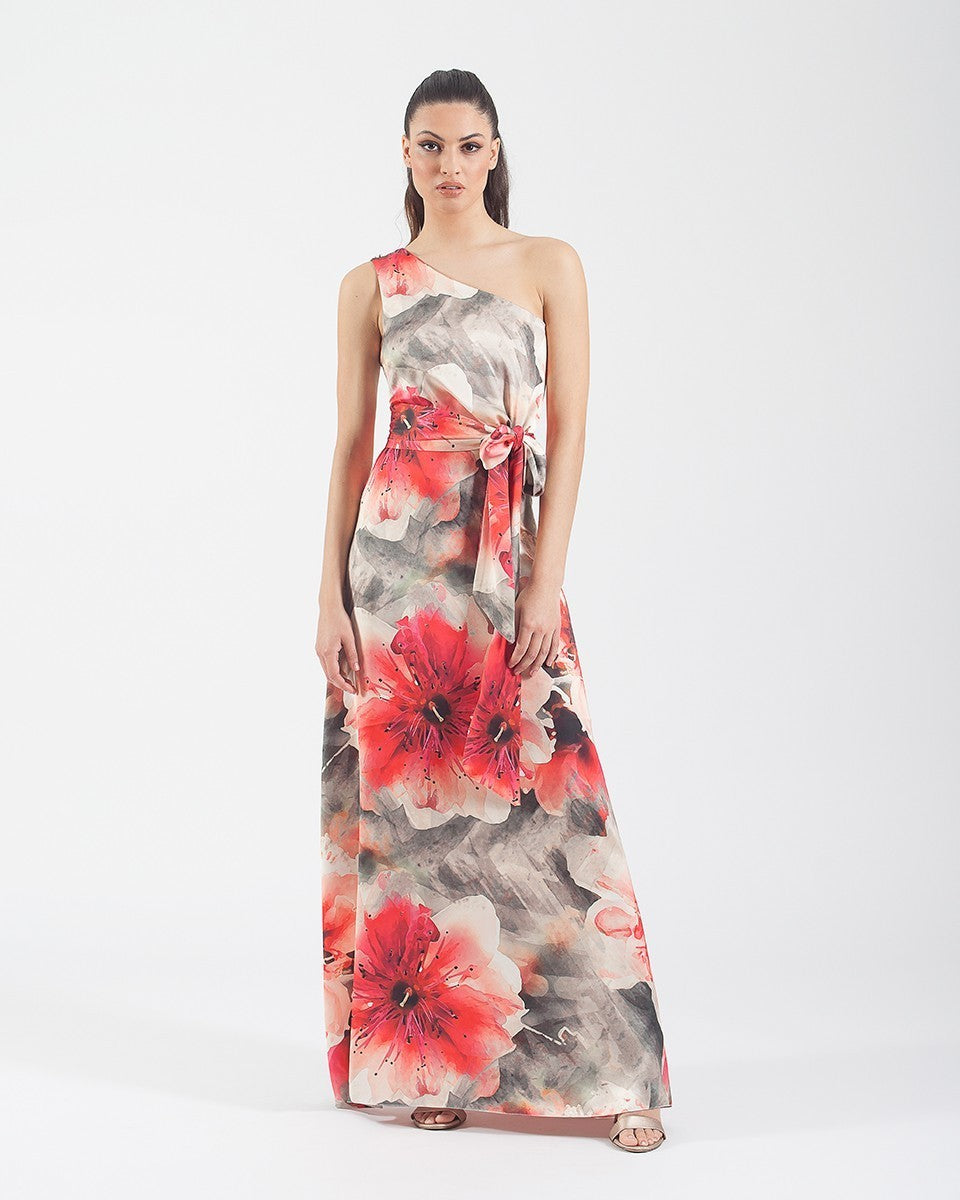 Long printed satin dress with asymmetrical neckline and bow 