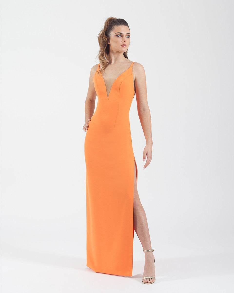 Long sheath dress with illusion neckline and open back 