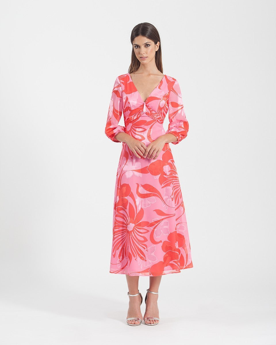 Chiffon midi dress with knot at the neckline and puffed sleeves 