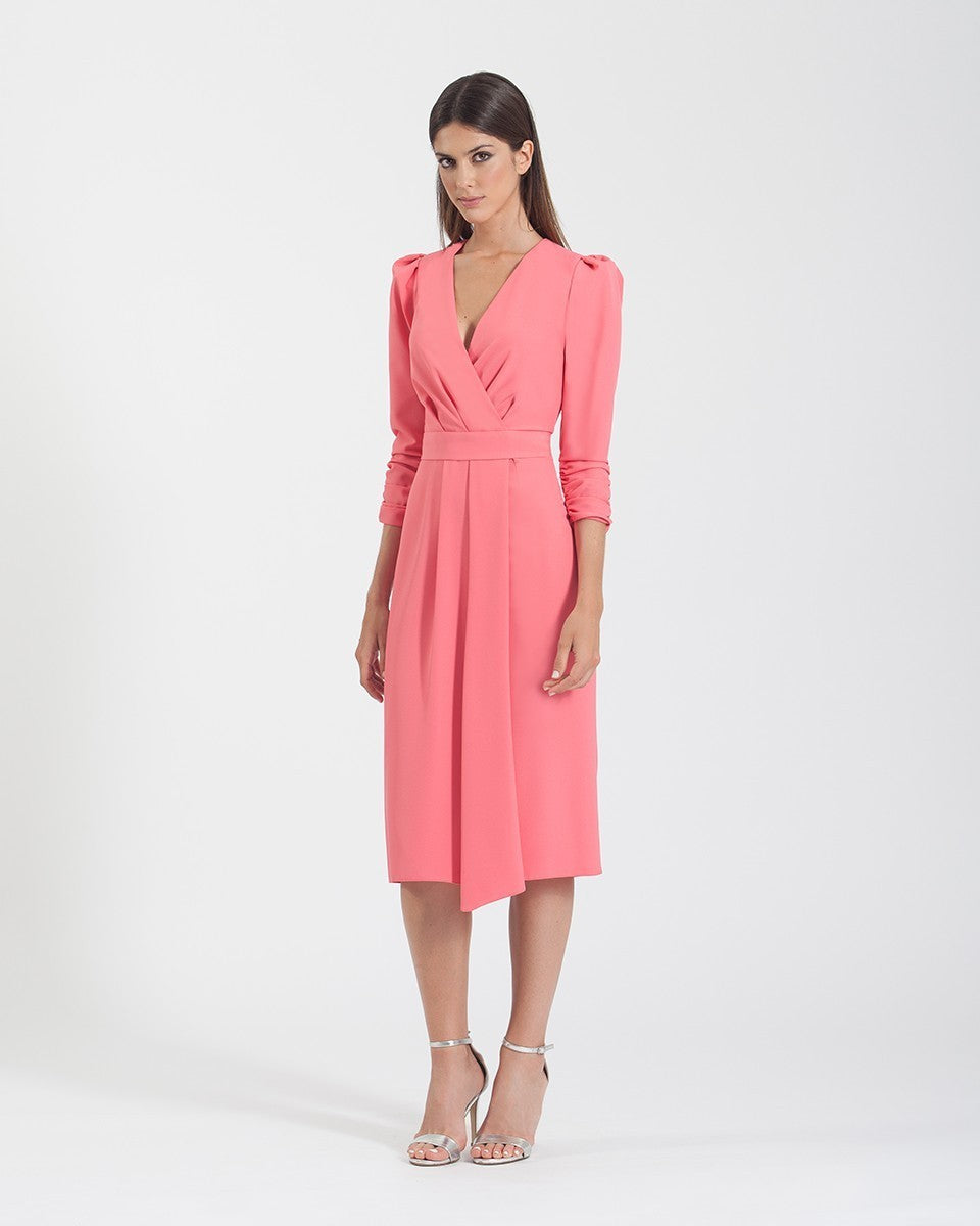 Wrapped crepe midi dress with asymmetrical cut and drape 