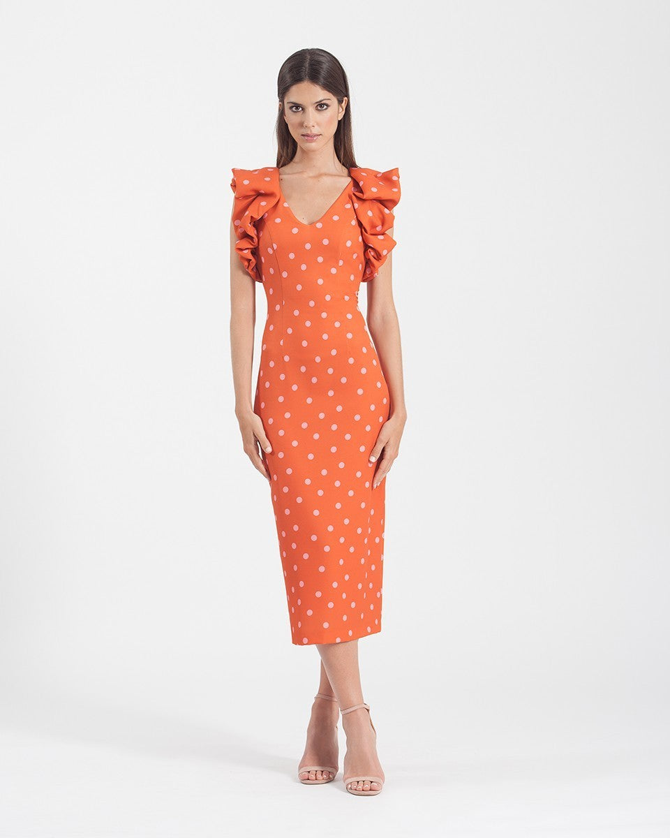 Midi tube dress with polka dots and ruffles on the sleeves 