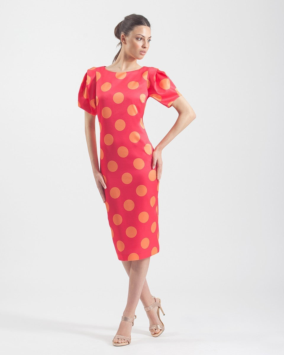 Midi pencil dress with puff sleeves and polka dot print 