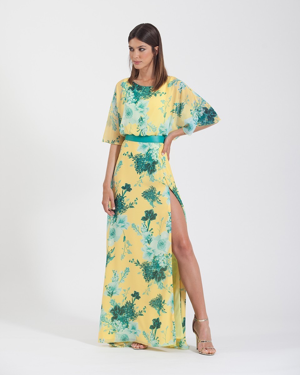 Long printed chiffon dress with ruffle sleeve and belt 