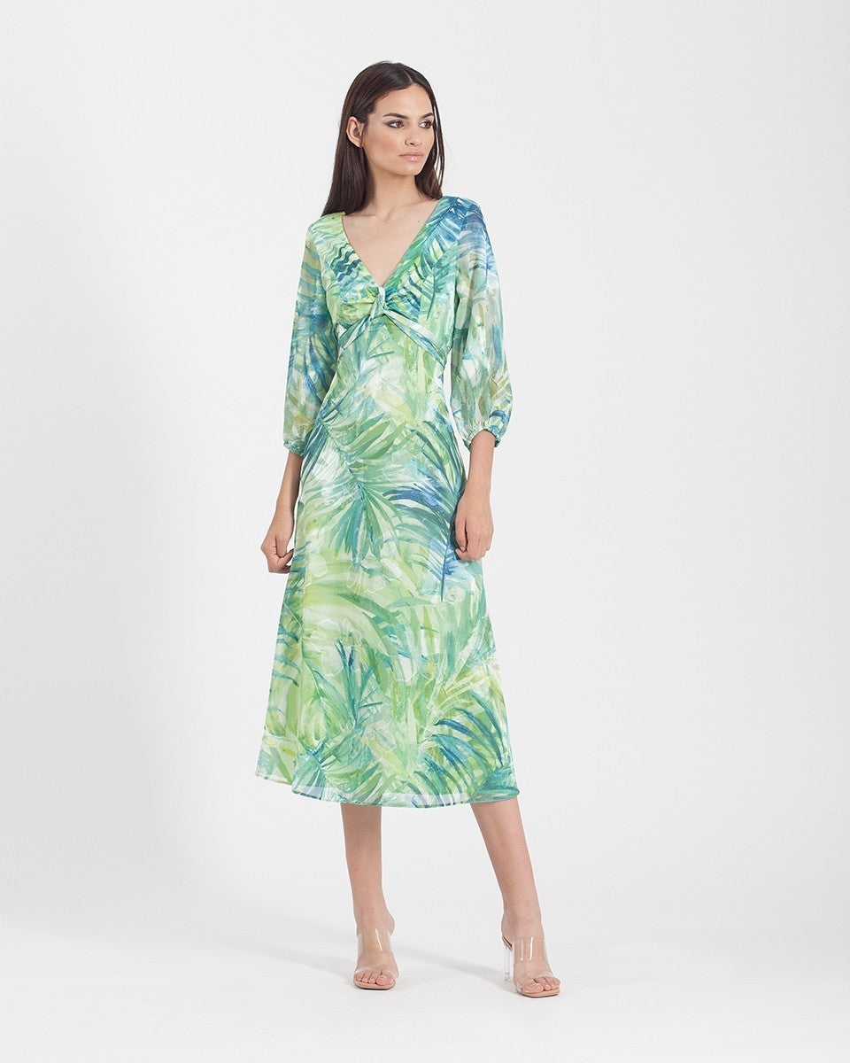 Printed chiffon midi dress with V-neckline and central knot 