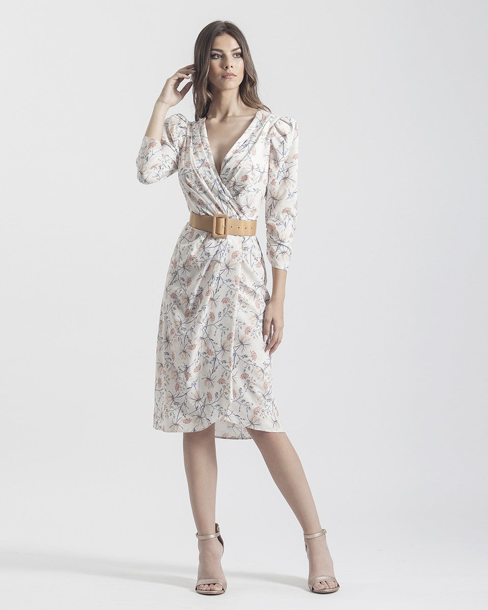 Printed midi dress with crossover neckline and wide belt 