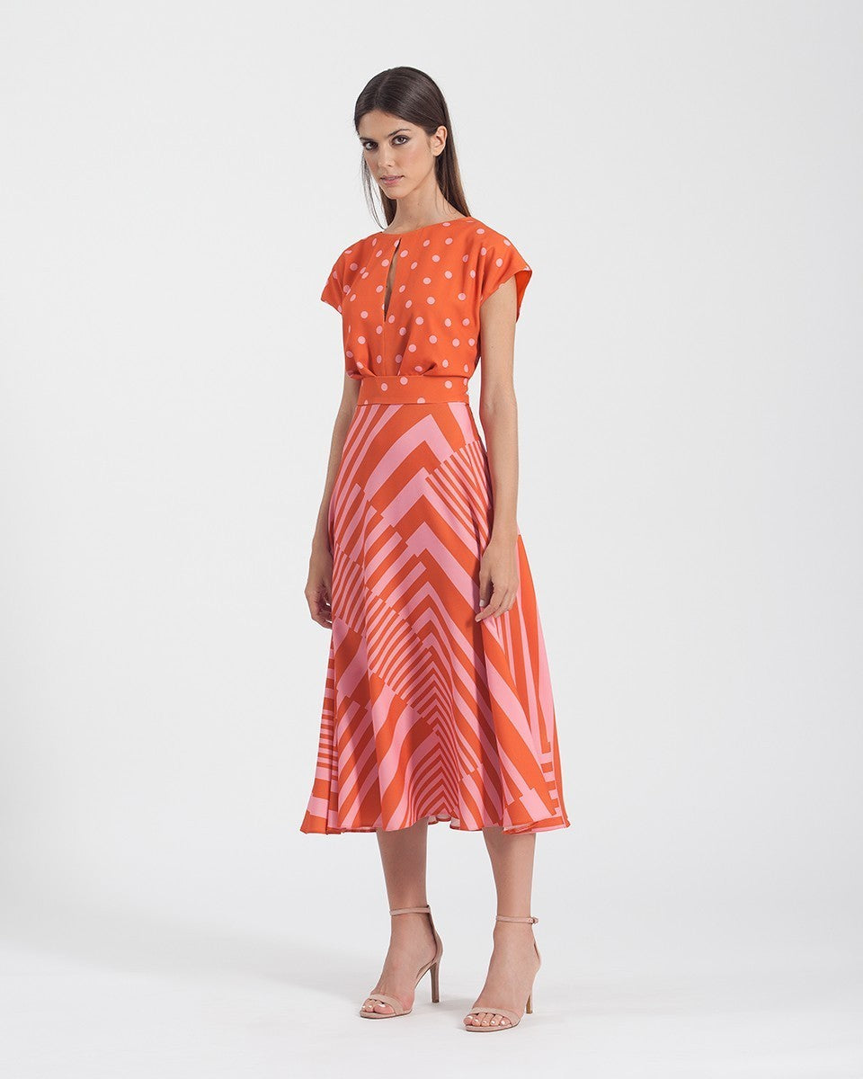 Printed midi dress with neckline opening and short sleeves 