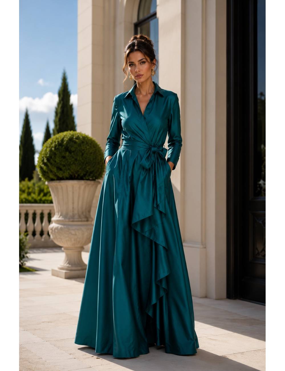 Vestido largo petróleo con cuello camisero, lazo en la cintura y peplum en la falda