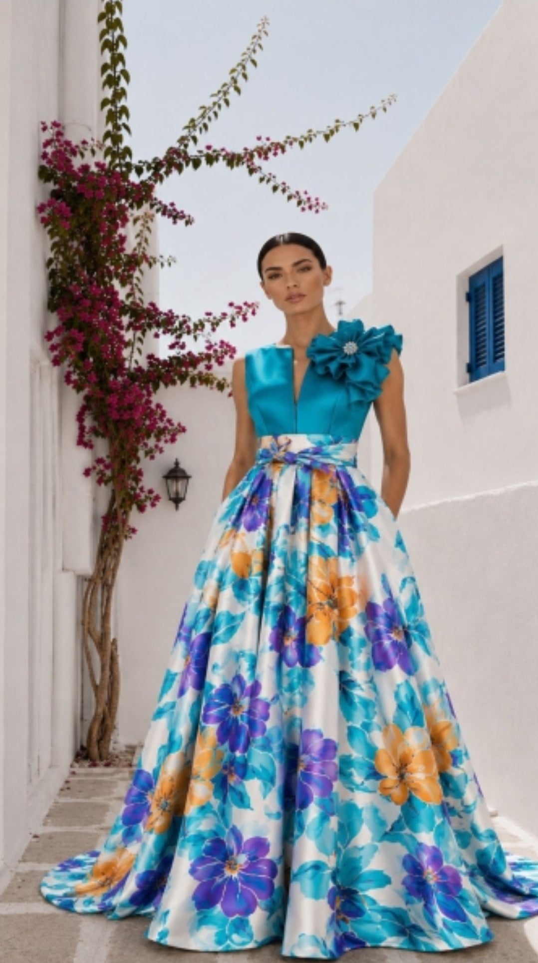 Vestido largo top y falda estampada