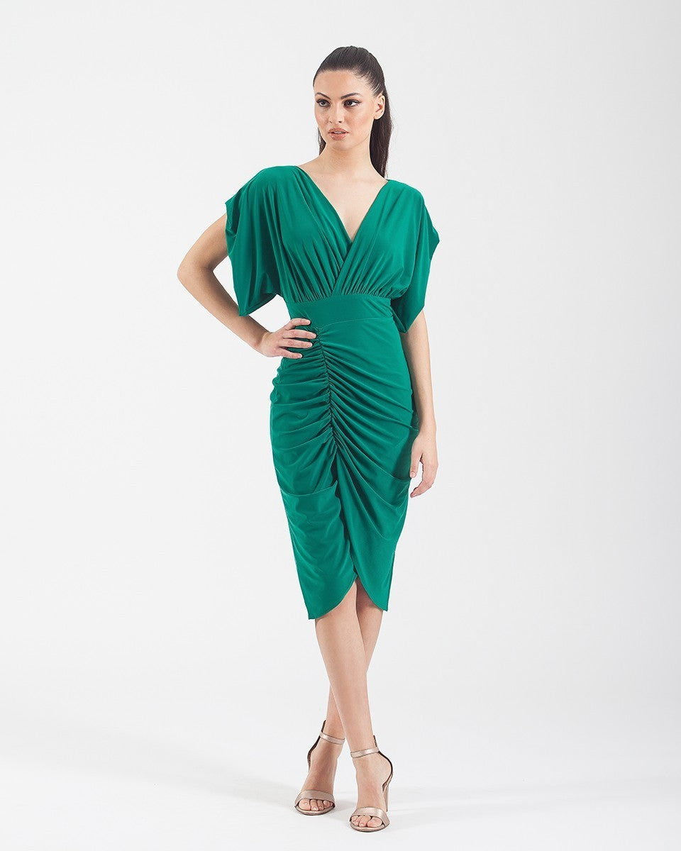 Short pleated tube dress with crossover neckline and batwing sleeves 