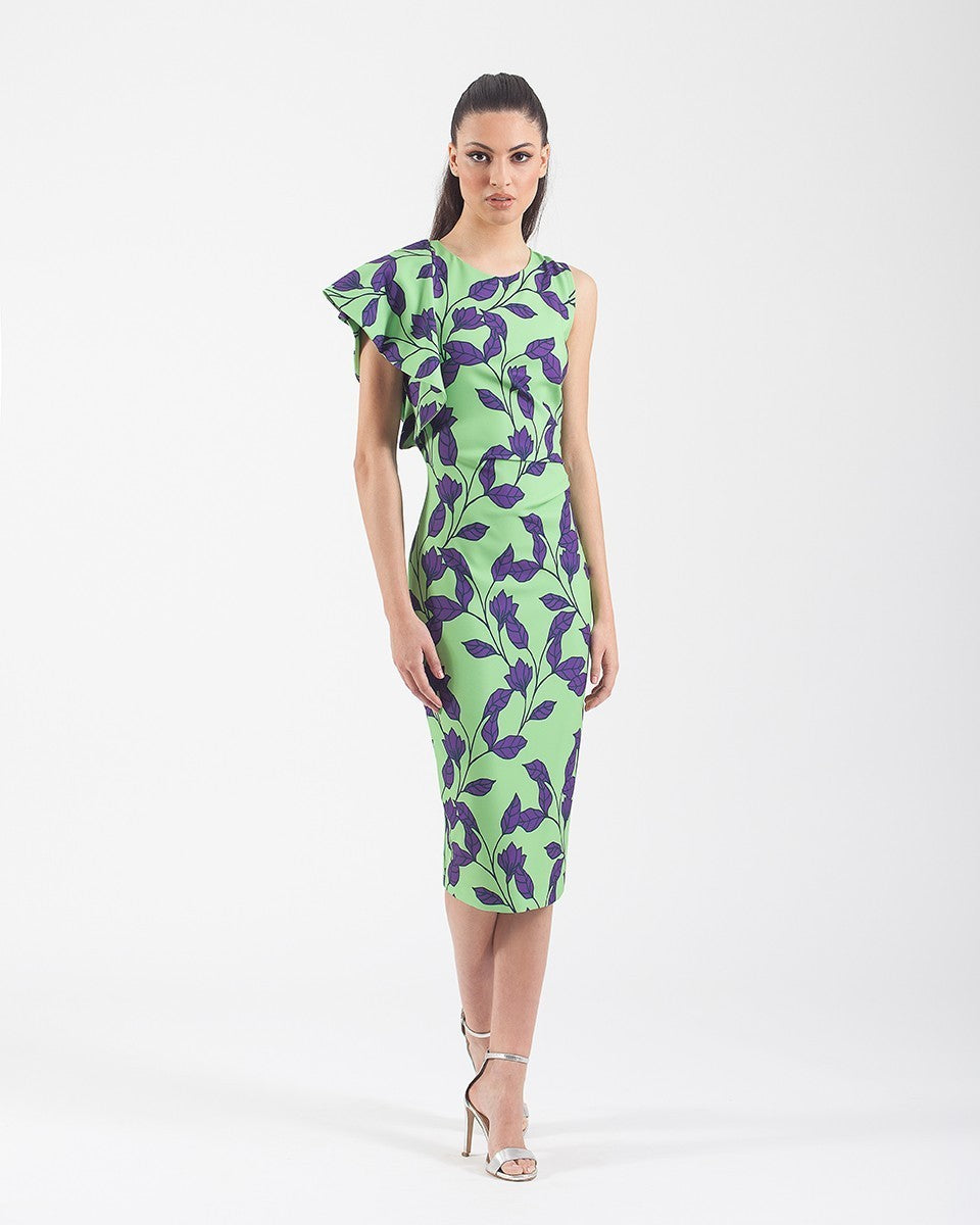 Short printed tube-cut dress with sleeveless ruffle 