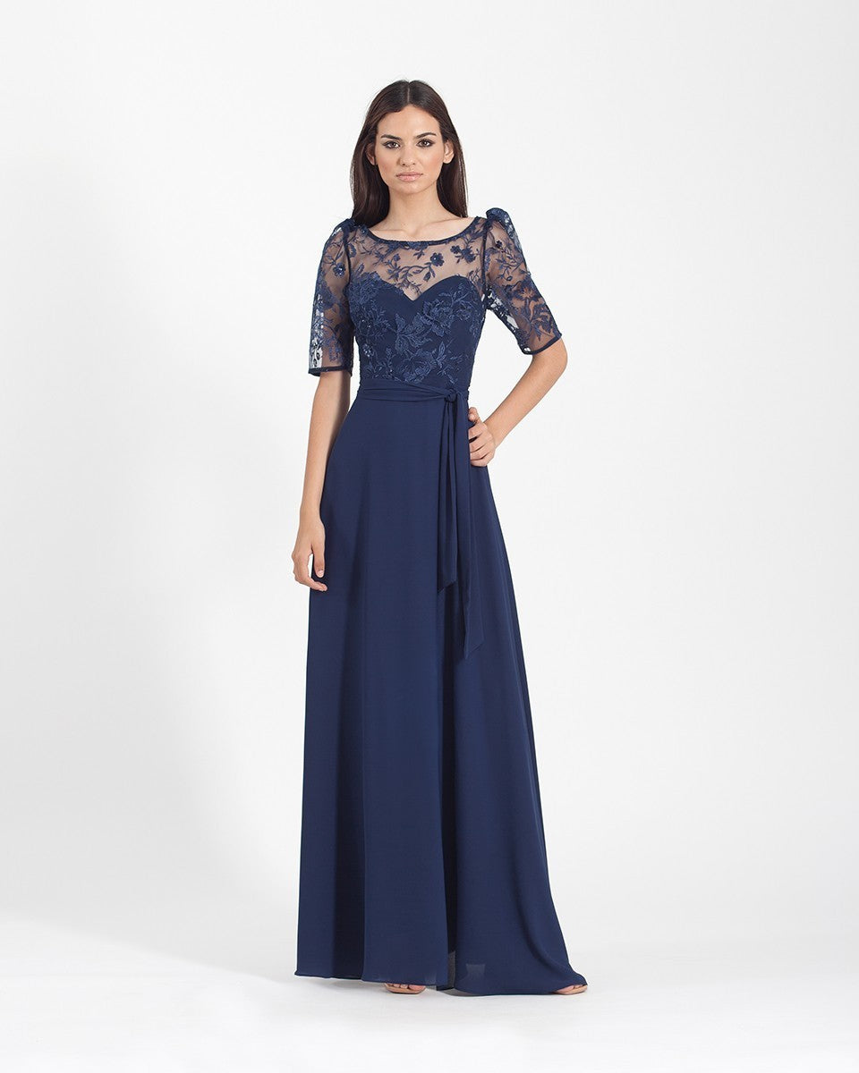 Long tulle dress with 3/4 sleeves and illusion neckline 