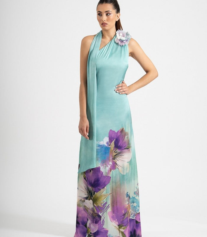 Long asymmetrical printed satin dress 