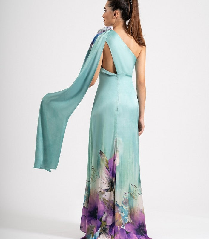 Long asymmetrical printed satin dress 