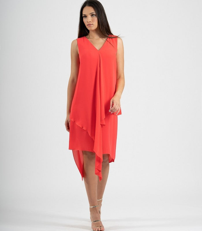 Short asymmetrical chiffon dress with V-neckline and sleeveless 