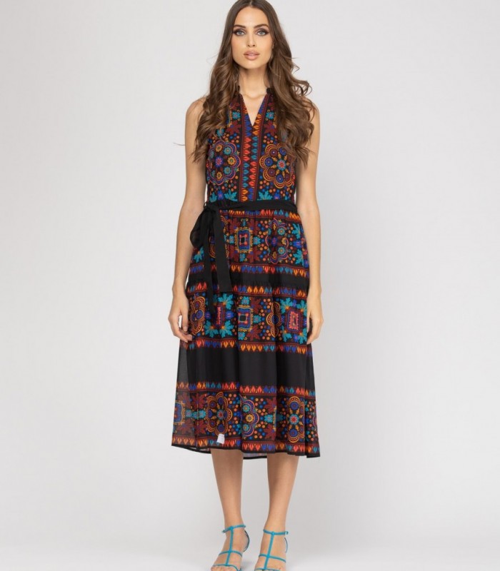 Embroidered printed dress with beads 