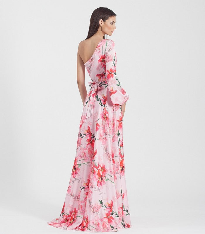 Long floral dress with asymmetrical neckline and open back 