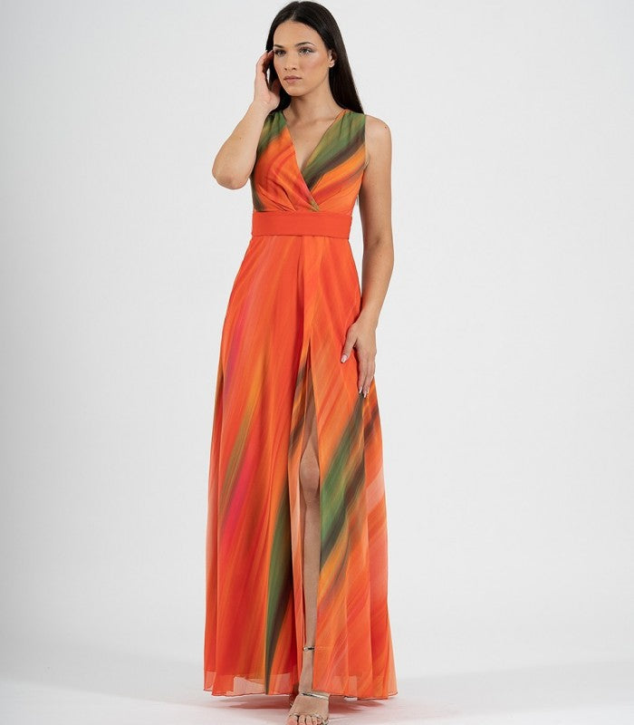 Long printed chiffon wrap dress with slit and sleeveless 