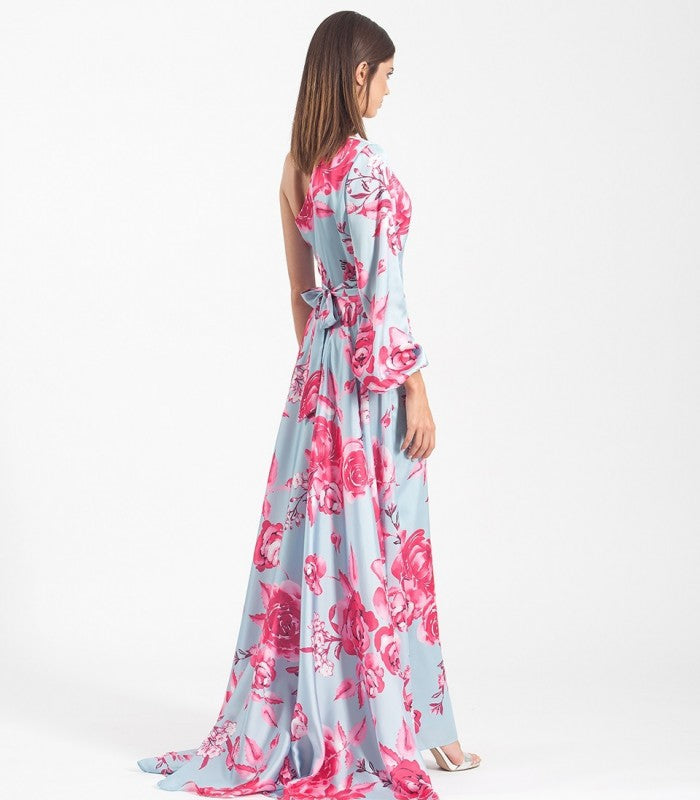 Long floral dress with open back and asymmetrical neckline 