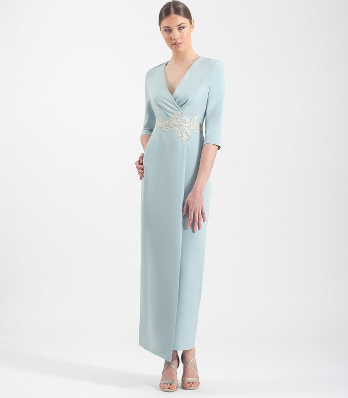 Long straight dress with crossover neckline and draped embroidery 