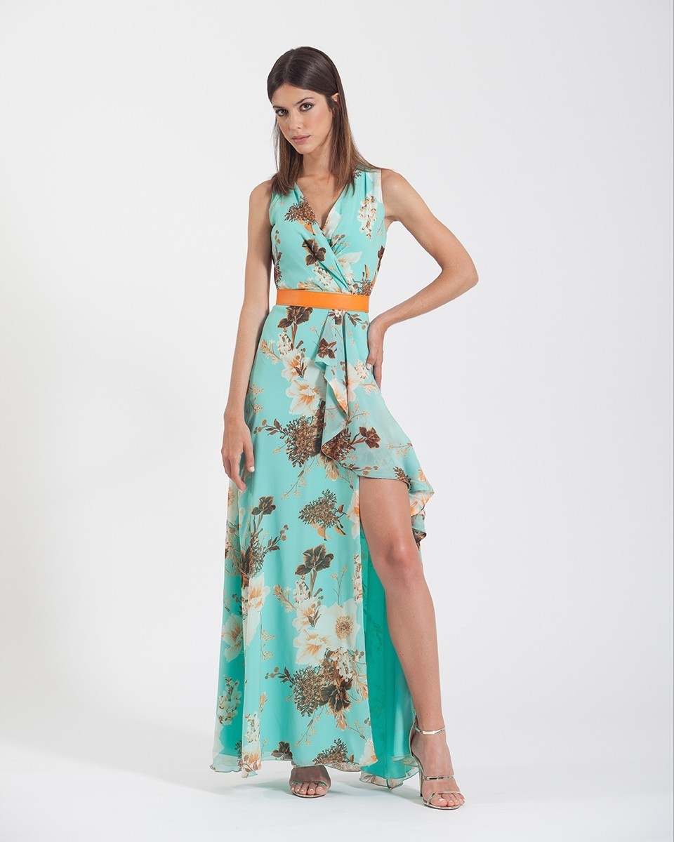 Printed Chiffon Wrap Maxi Dress with Side Slit 