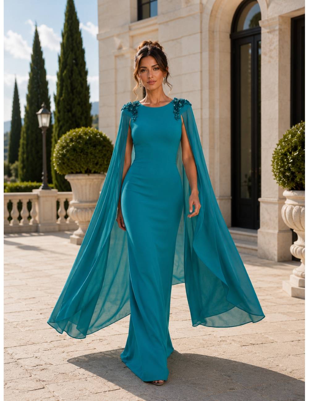 Vestido largo cuello redondo con adorno en los hombros y capa larga