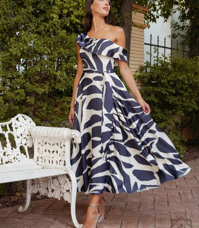 White and Navy Blue Asymmetrical Royal Dress